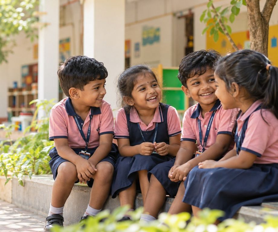 Four young children in pink-and-navy school uniforms laughing together on a low wall in a sunny, leafy school courtyard